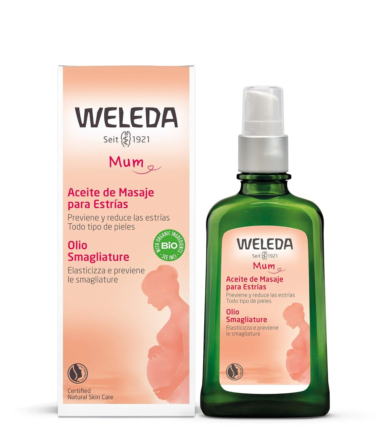 Weleda massage oil bottle and packaging on a white background