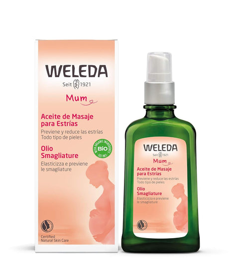 Weleda massage oil bottle and packaging on a white background