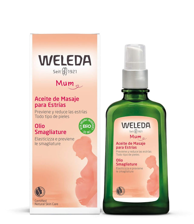 Weleda massage oil bottle and packaging on a white background