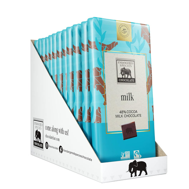 Display of Endangered Species chocolate bars with blue packaging and visible branding.