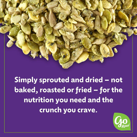 Sprouted and dried seeds on a purple background with text and Go Raw logo.