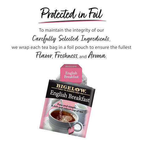 Bigelow English Breakfast tea package with text about tea packaging on a white background
