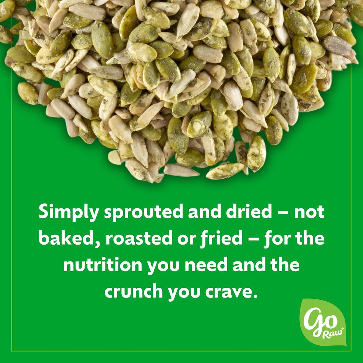 Sprouted and dried seeds on a green background with text and Go Raw logo.