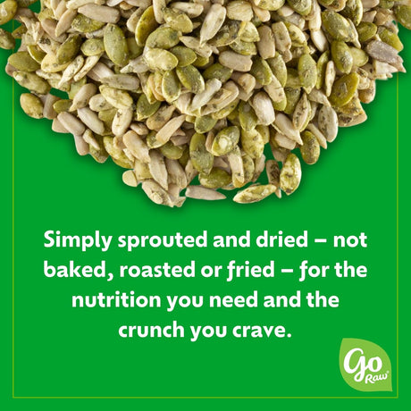Sprouted and dried seeds on a green background with text and Go Raw logo.