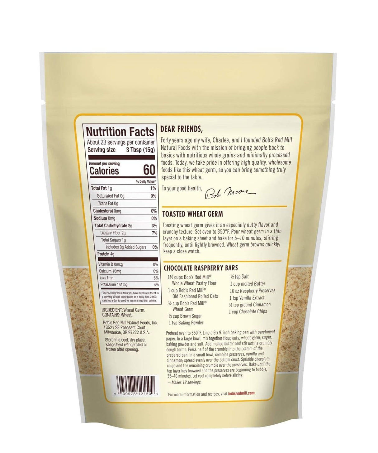 Bob's Red Mill Organic wheat germ back