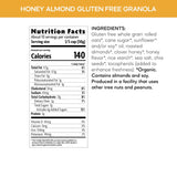 Nutrition facts and ingredients list for honey almond gluten free granola on a white background.