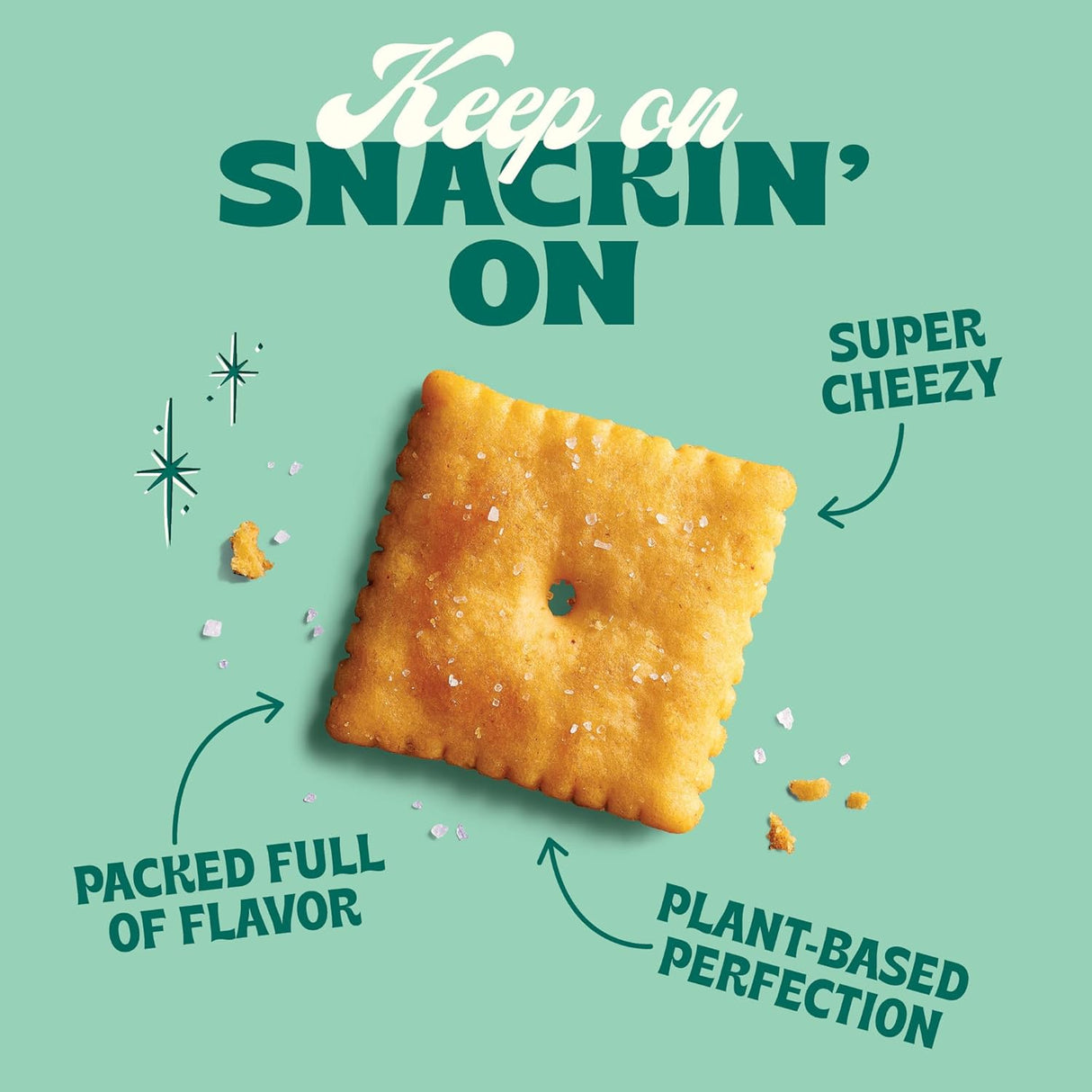 Cheesy cracker with text on a green background