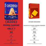 Comparison of Cheddies fresh cheese box with other brands' cheese powder on a red background