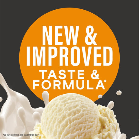 Promotional graphic for new and improved ice cream with text overlay on a dark background.