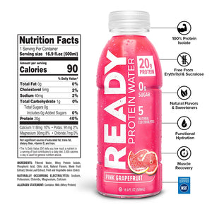 Ready Water Protein Pink Grapefruit - 20g Protein, Gluten-Free, Sugar-Free Hydration | Case of 12 (16.9 fl oz Each)