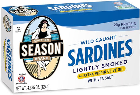 Season Brand - Lightly Smoked Sardines in EVOO, 4.375 oz (Case of 12) - Gluten-Free Kosher