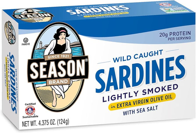 Season Brand - Lightly Smoked Sardines in EVOO, 4.375 oz (Case of 12) - Gluten-Free Kosher