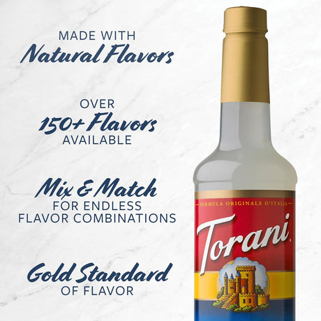 Torani syrup bottle with promotional text on a light gray background