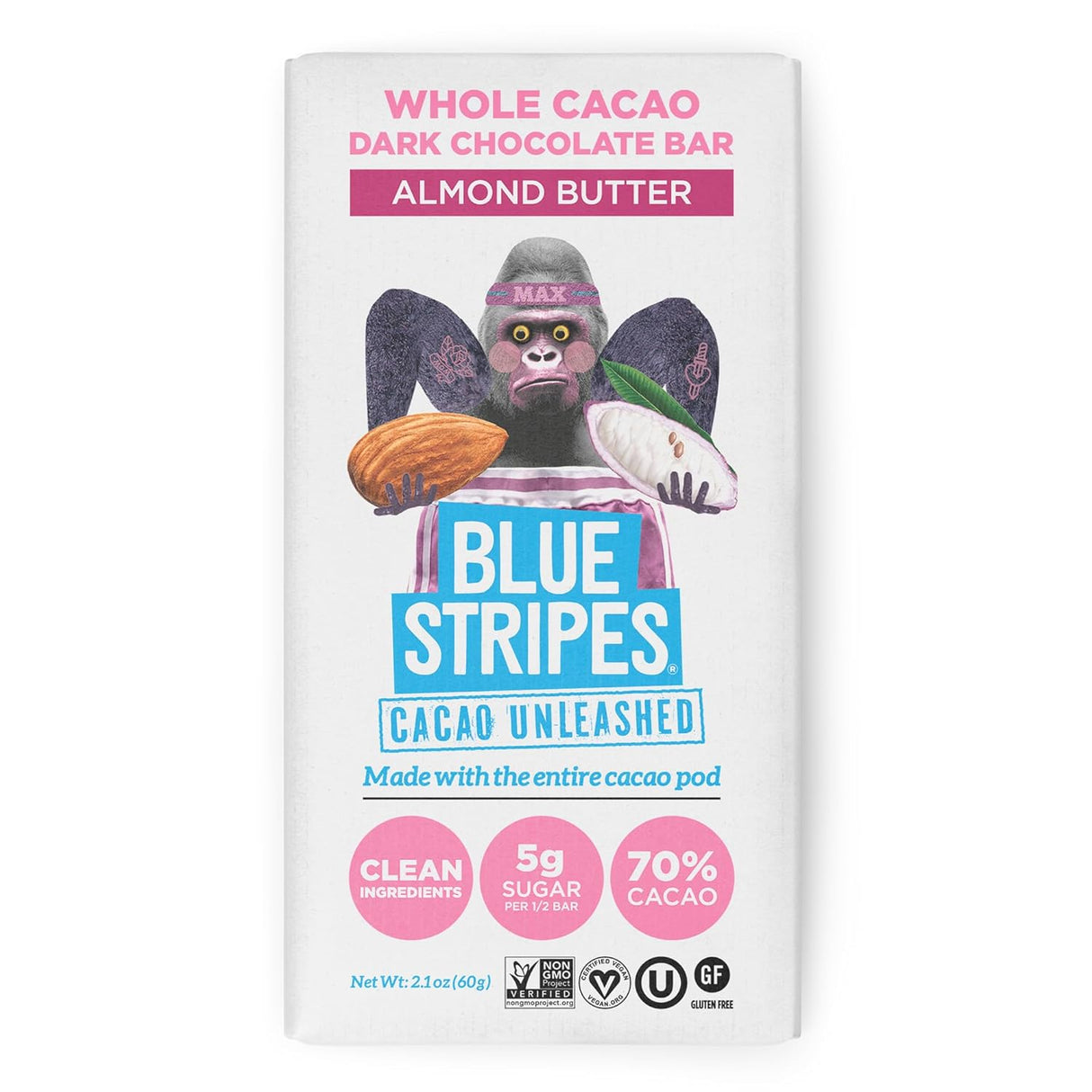 Blue Stripe - Dark Chocolate Almond Butter Bar, 2.1 oz (Case of 12) - Upcycled Cacao Superfood