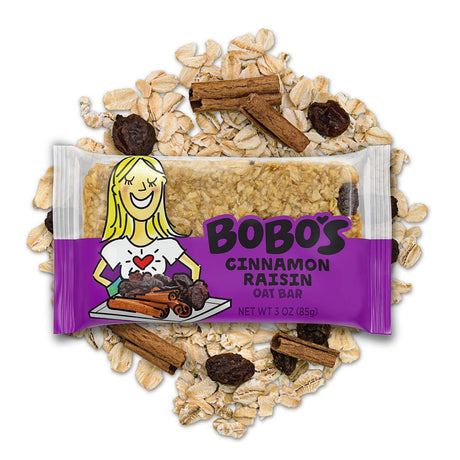 Bobo's Cinnamon Raisin Whole Grain Oat Bar 3 oz individually wrapped — non-GMO, kosher, whole grain snack bar with background