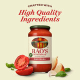 Jar of Rao's Homemade Marinara sauce with tomatoes, basil, and garlic on a light background
