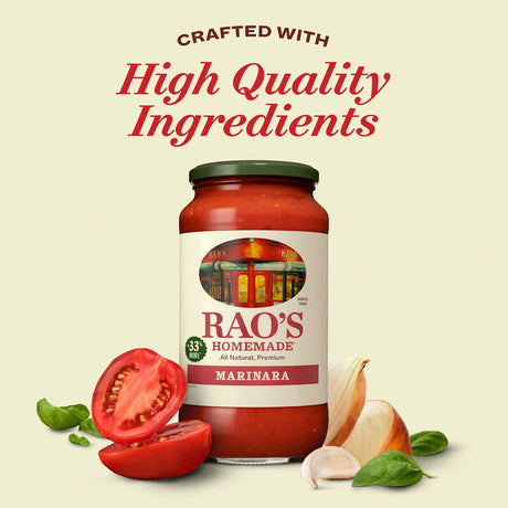 Jar of Rao's Homemade Marinara sauce with tomatoes, basil, and garlic on a light background