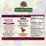 Nature's Answer Resveratrol Reserve supplement label with white background and product details.