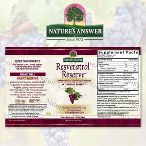 Nature's Answer Resveratrol Reserve supplement label with white background and product details.