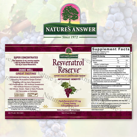 Nature's Answer Resveratrol Reserve supplement label with white background and product details.