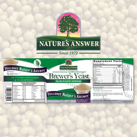 Nature's Answer Brewer's Yeast supplement label on a white background with yeast visible.