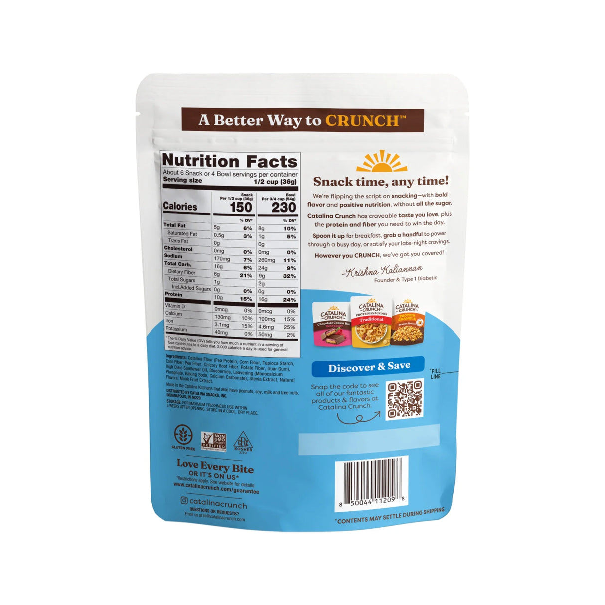 Back of a Crunch snack package with nutrition facts and branding.