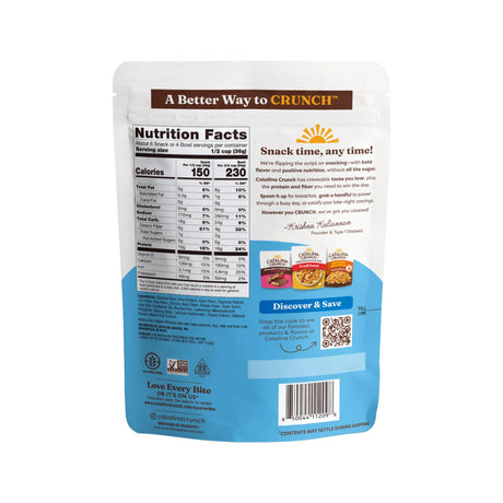 Back of a Crunch snack package with nutrition facts and branding.