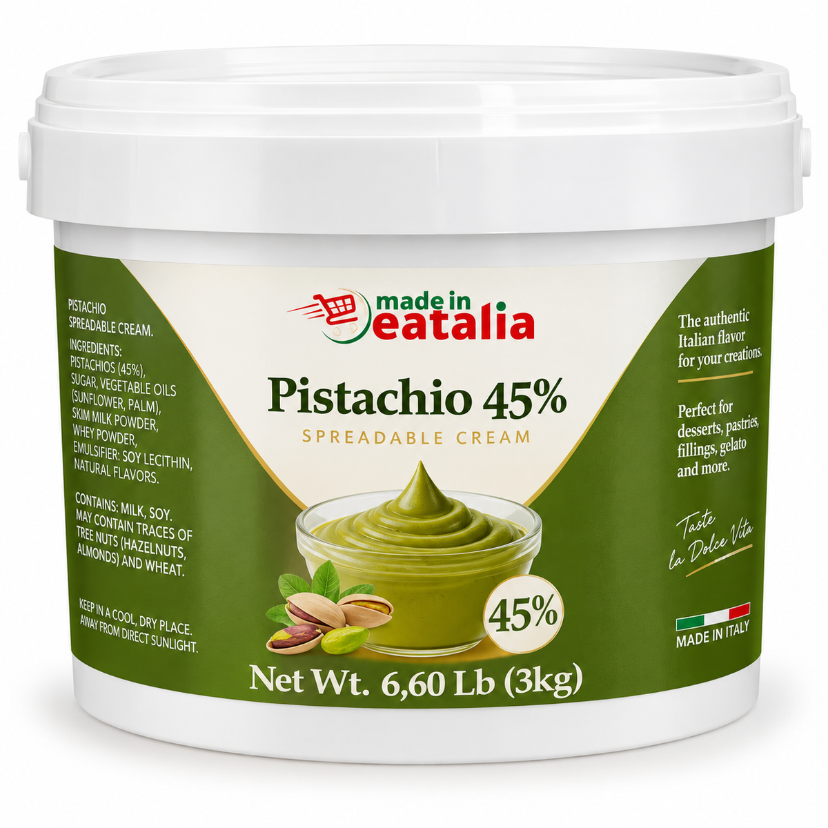 Made In Eatalia Pistachio Cream 45%, 3 kg Bucket