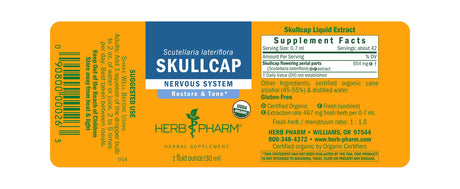 Herb Pharm Skullcap supplement label on a white background