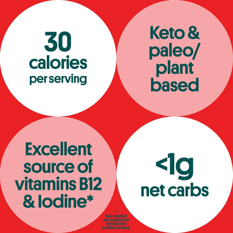Nutritional information graphic on a red background with white and pink circles.