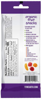 YumEarth organic fruit snack package with nutrition facts and branding details.