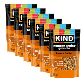 Multiple packages of KIND Healthy Grains Granola Peanut Butter flavor on a white background