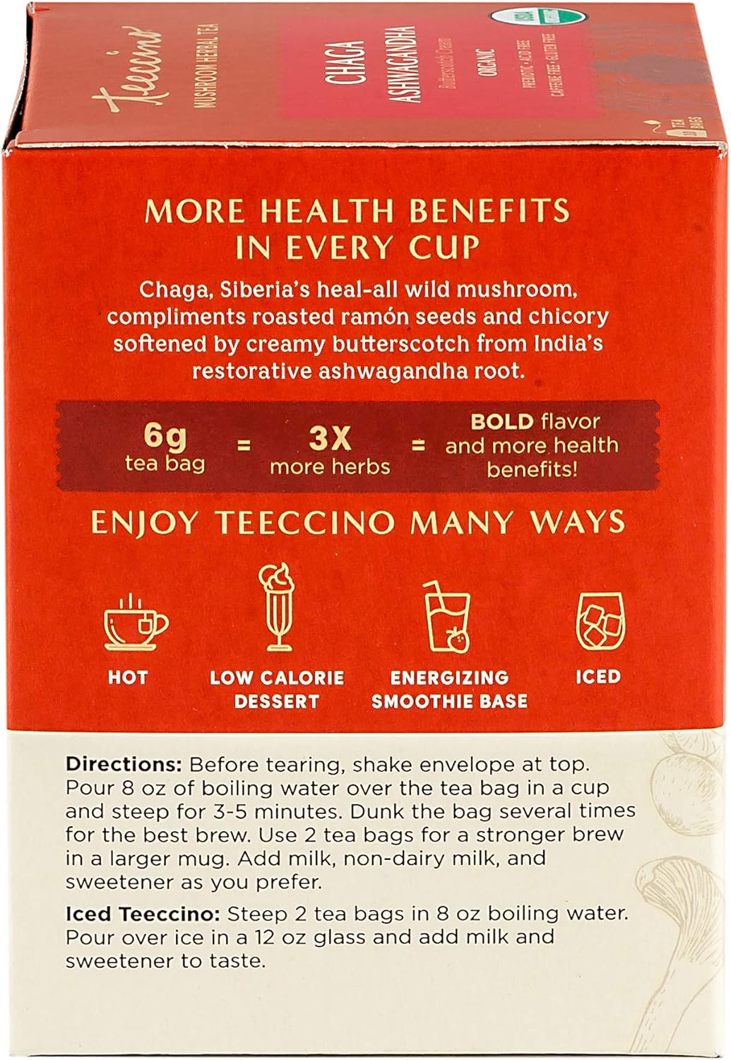 Teeccino Mush Tea, Chaga Ashwagandha Mind Boost, Case of 6, 10 Bags Per Box