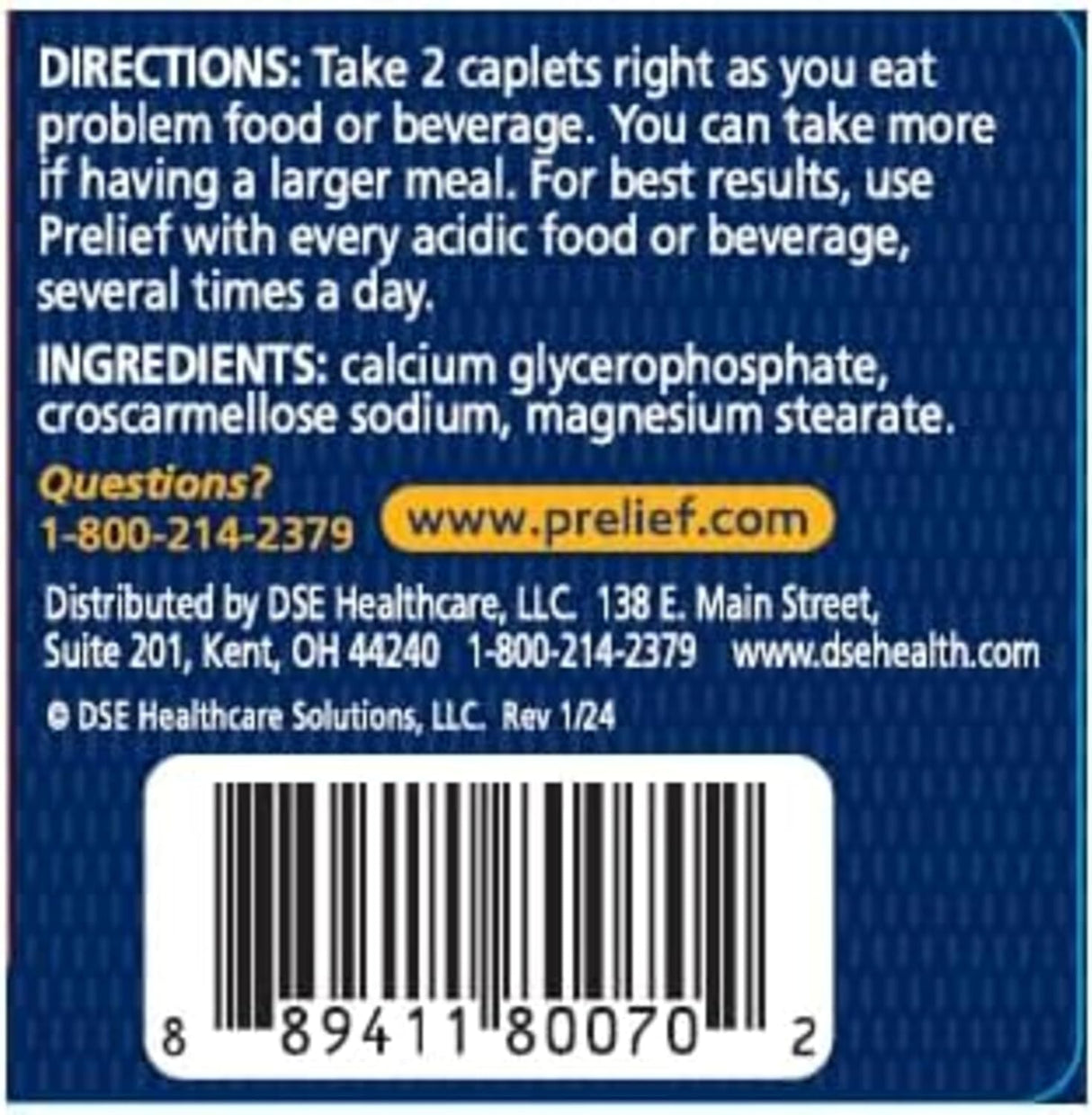 Back label of prelief package with directions, ingredients, contact information, and barcode.