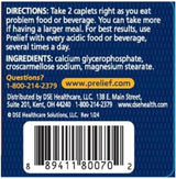 Back label of prelief package with directions, ingredients, contact information, and barcode.