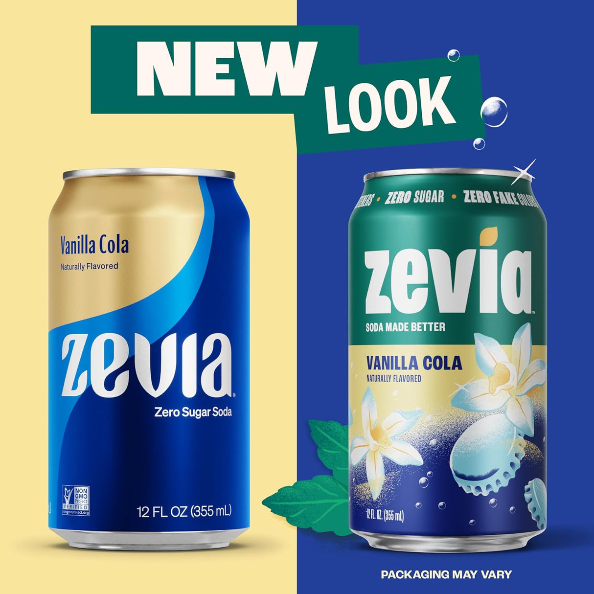 Two Zevia Vanilla Cola cans on a yellow and blue background with 'NEW LOOK' text.