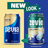 Two Zevia Vanilla Cola cans on a yellow and blue background with 'NEW LOOK' text.