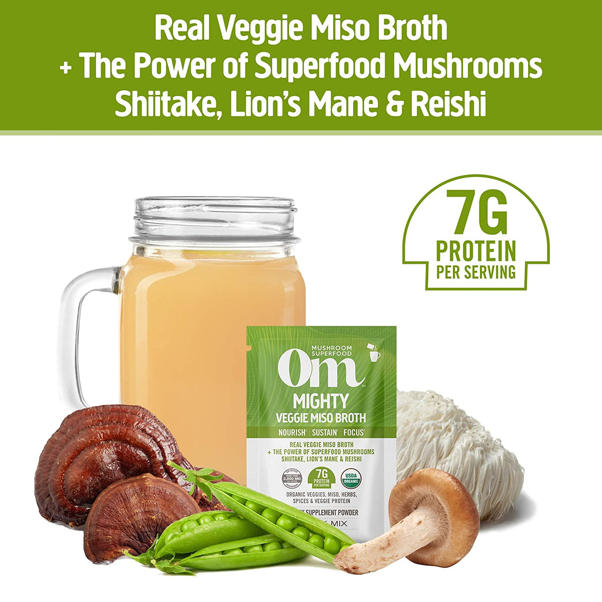 Om Mushroom Superfood Mighty Veggie Miso Broth 7g Protein Powder, Single Serve, 10 Count - Cozy Farm 