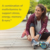 Woman stretching outdoors with a product advertisement about multivitamins on a yellow background