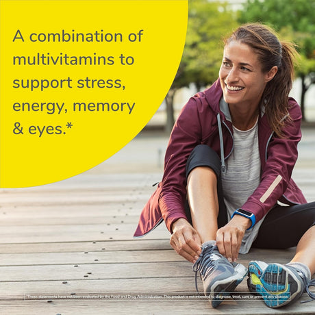 Woman stretching outdoors with a product advertisement about multivitamins on a yellow background