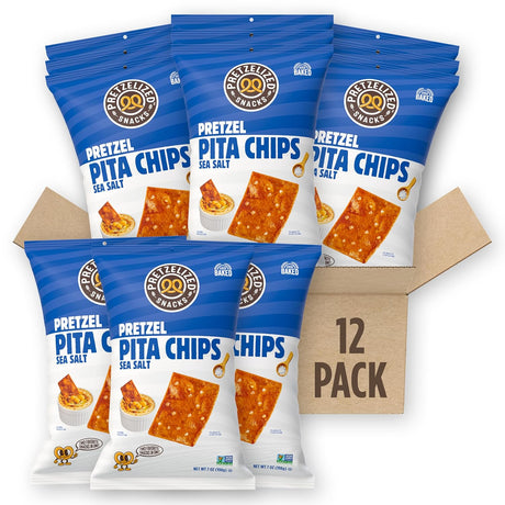 12-pack of Pretzel Pita Chips in blue and white packaging with a cardboard box.