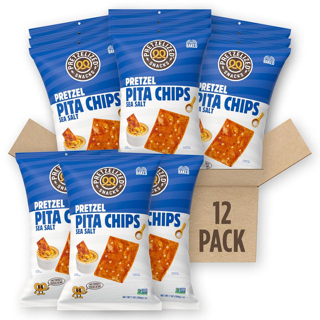 12-pack of Pretzel Pita Chips in blue and white packaging with a cardboard box.
