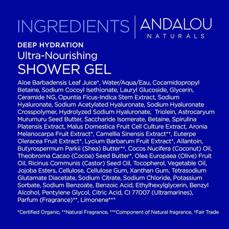 Ingredients list of Andalou Naturals shower gel on a blue background