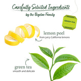 Tea packaging with lemon peel and green tea leaves, featuring Bigelow brand.