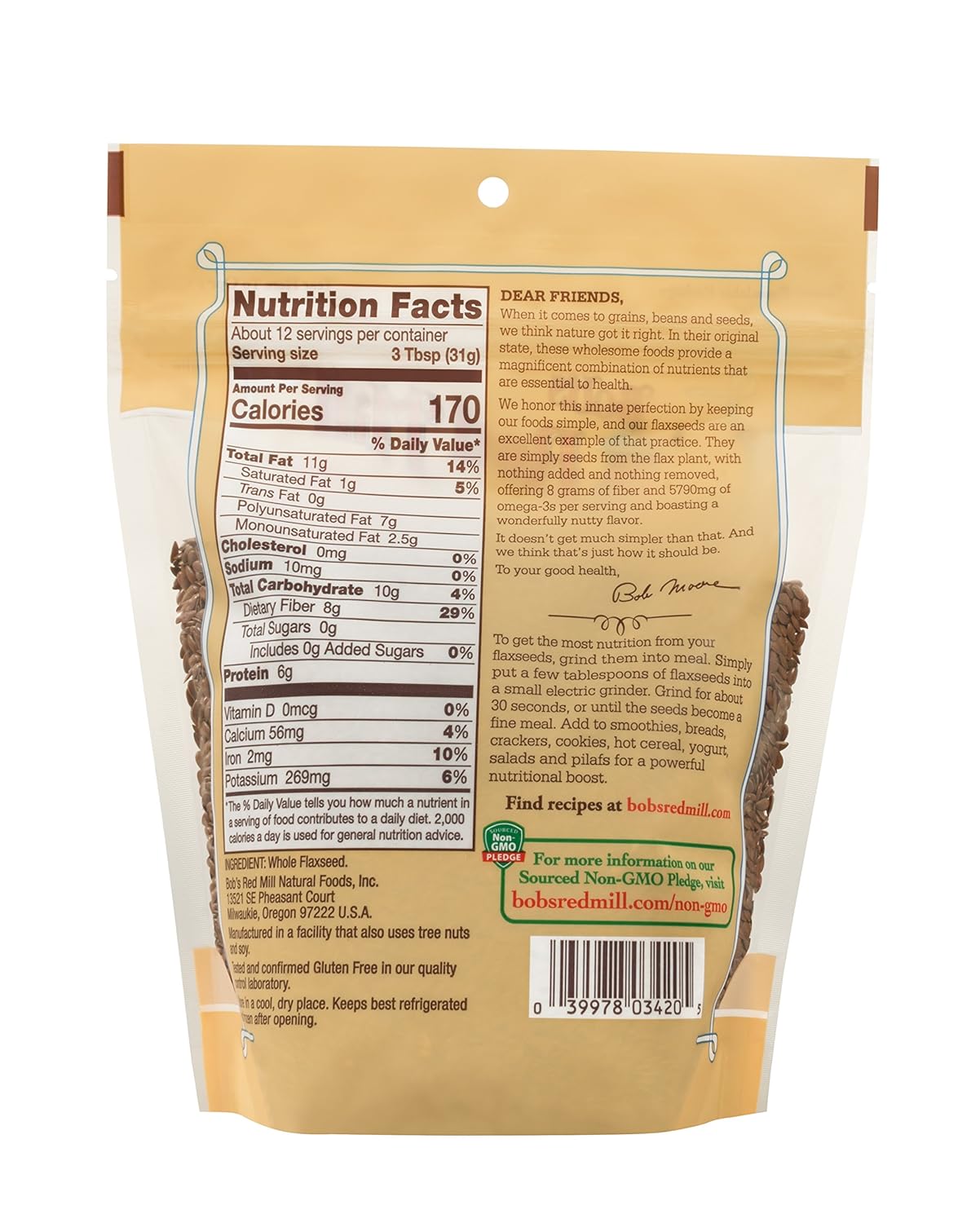 Back view of a package with nutrition facts label and branding on a white background