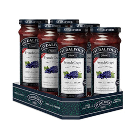 Pack of St. Dalfour French Grape fruit spread jars on a white background