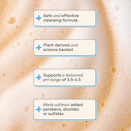 Text boxes on a textured beige background highlighting product features.