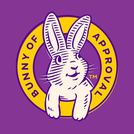 Logo with a rabbit illustration on a purple and yellow background