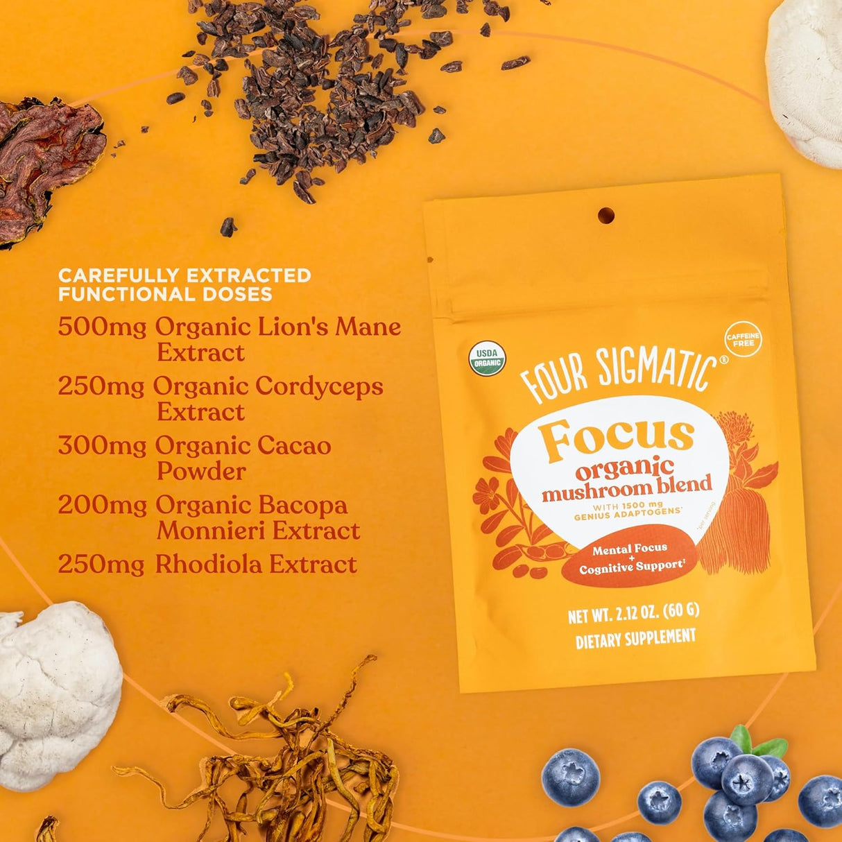 Four Sigmatic Focus mushroom blend package on an orange background with ingredients.