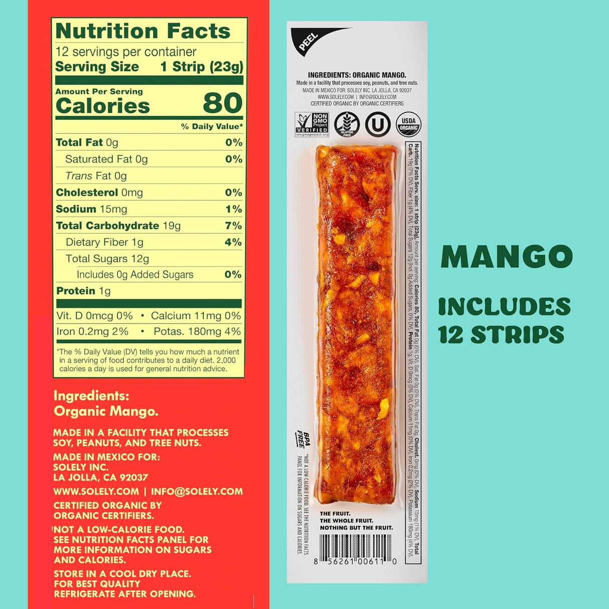 Solely Organic Mango Fruit Jerky | Whole Fruit Strips | Case of 12 (0.8 oz Each)